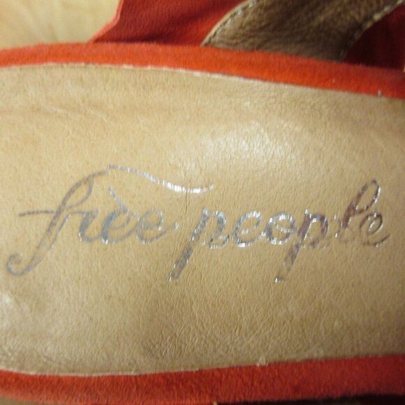 FREE PEOPLE Rosie Ruffle Heels Sz 38 Red Orange Slip On Slide Sandals Block Heel - Picture 7 of 12